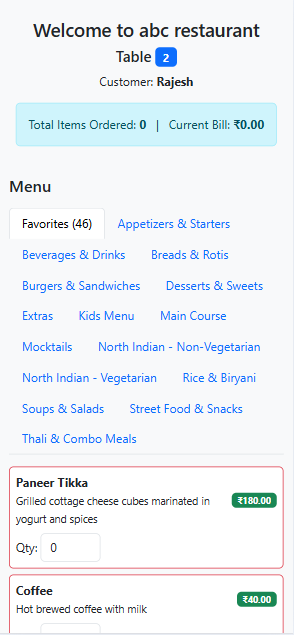 Customer Menu Interface