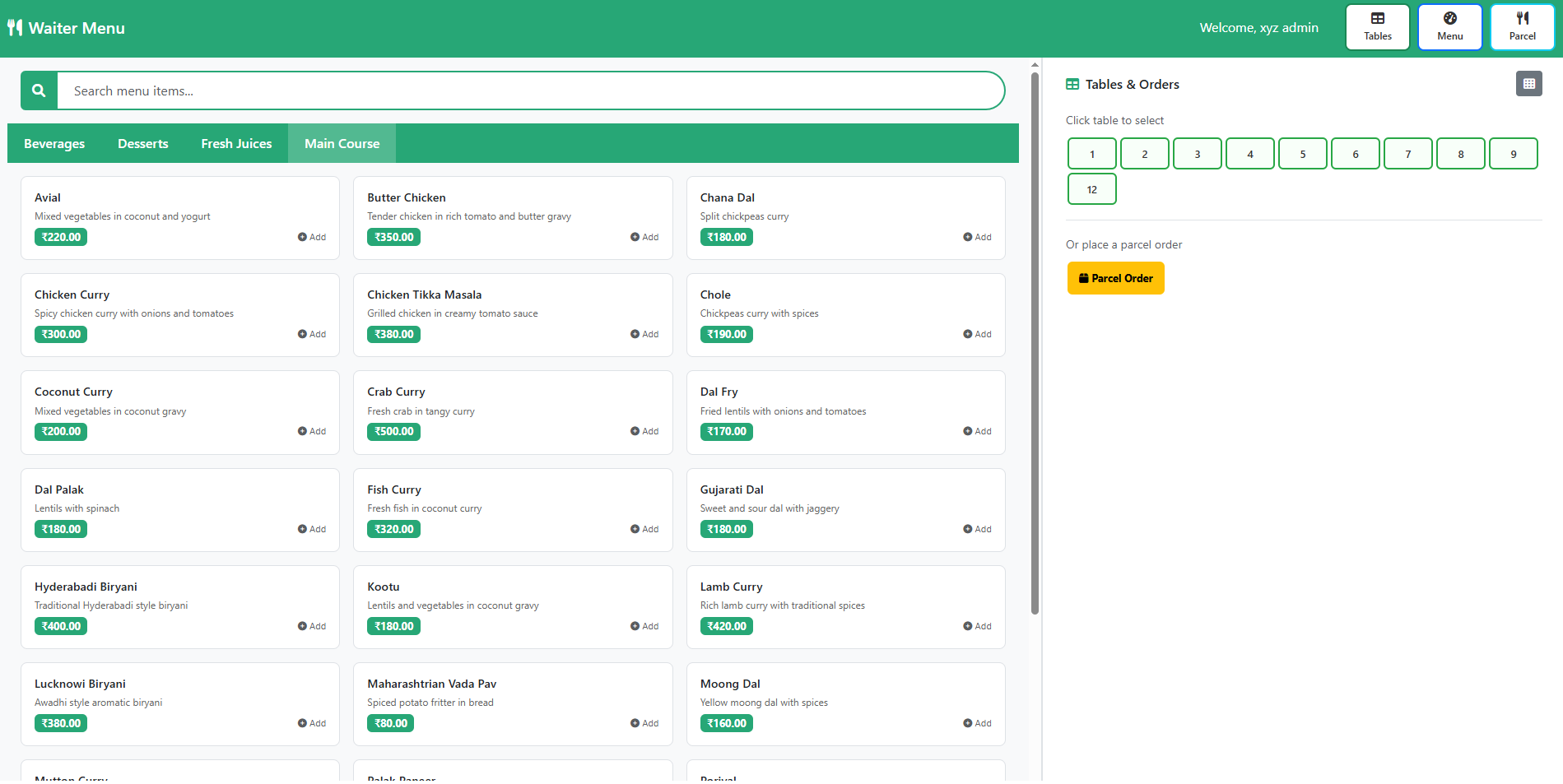 Waiter Menu Interface